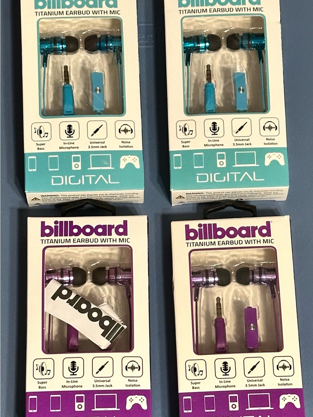 billboard Titanium Earbuds with Mic — Purple and Teal - the lot